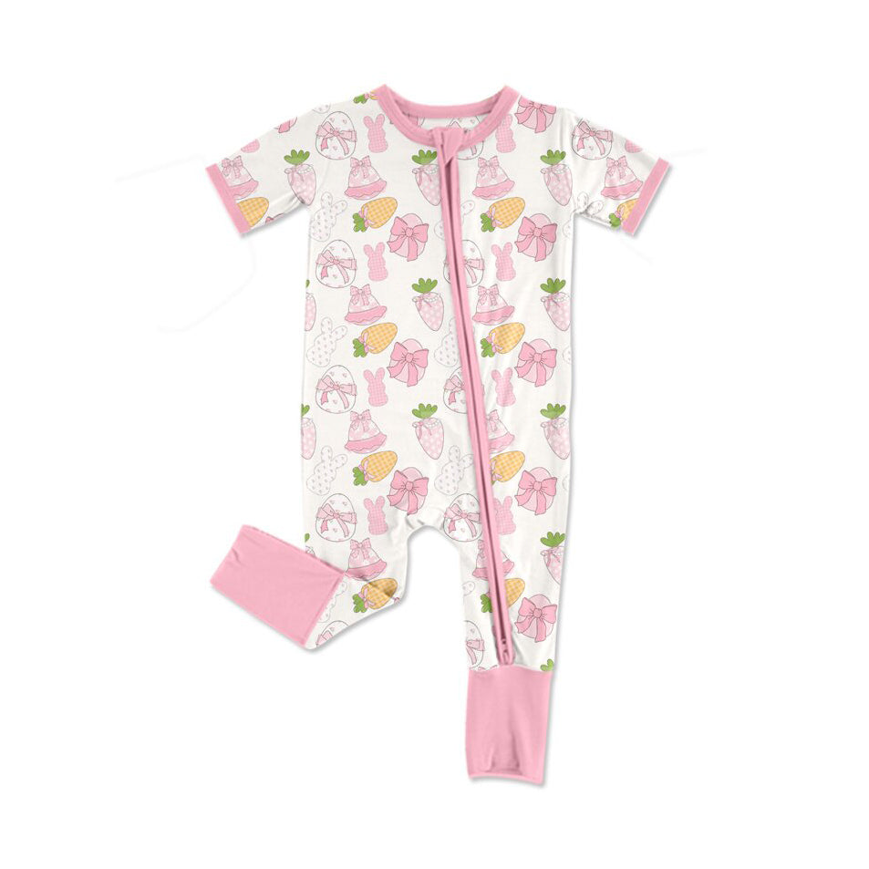 Preorder (moq 8)Baby Girls Pink Rabbits Bows Eggs Easter Zipper Footie Rompers