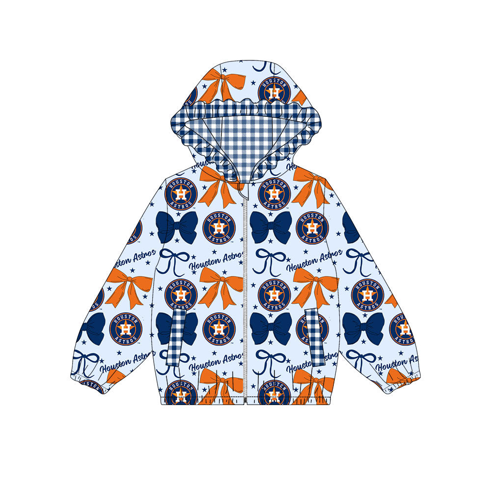 Preorder(moq 8)Baby Girls Blue Orange Bows H Houston Pockets Zipper Team Ruffle Hoodies Jackets