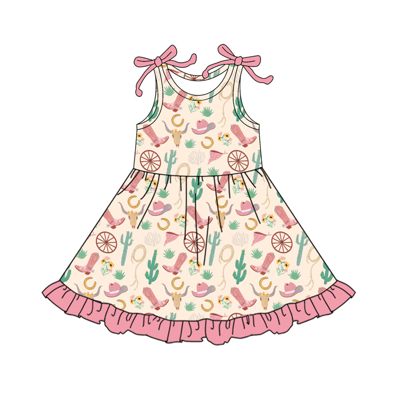 Preorder (moq 5)Baby Girls Flowers Boots Bull Skulls Western Ruffle Knee Length Dresses