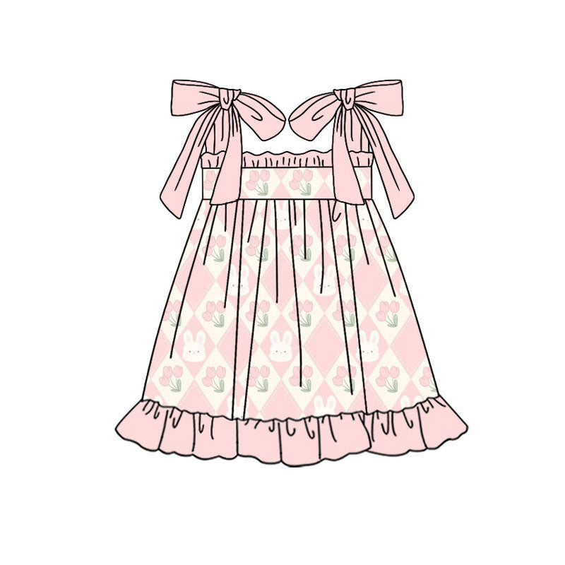 Preorder(moq 5) Baby Girls Pink Strap Flowers Rabbits Easter Ruffle Knee Length Dresses