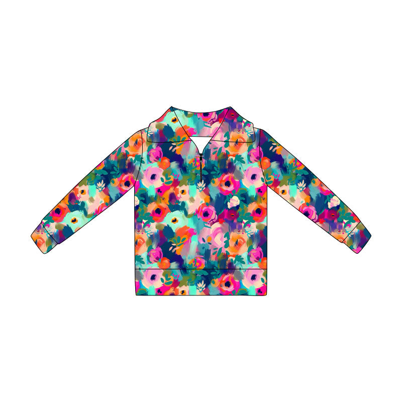 Preorder(moq 5) Baby Girls Long Sleeve Colorful Floral Zipper Pullovers Top