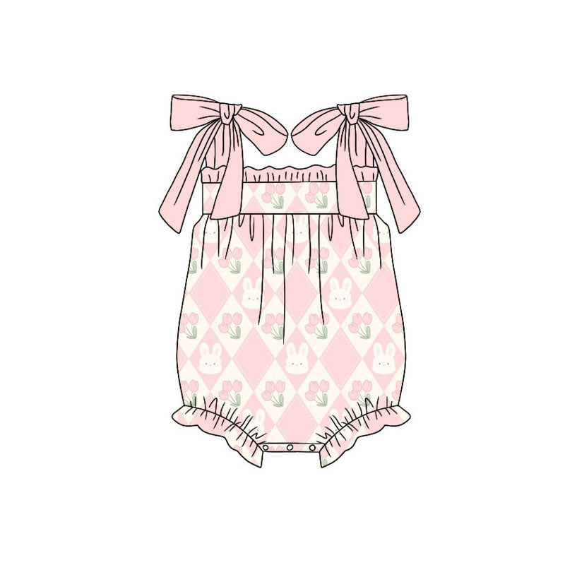 Preorder (moq 5)Baby Girls Pink Strap Flowers Rabbits Easter Ruffle Rompers