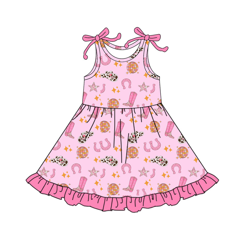 Preorder (moq 5)Baby Girls Stars Boots Hats Western Ruffle Knee Length Dresses
