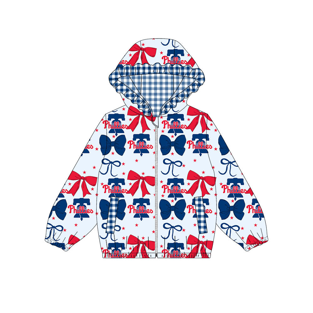 Preorder(moq 8)Baby Girls Blue Red Bows Phillies Pockets Zipper Team Ruffle Hoodies Jackets