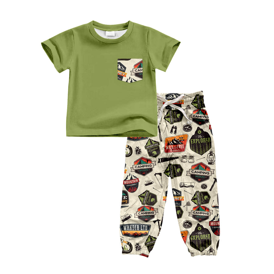 Preorder(moq 5)Baby Boys Green Top Camping Pockets Jogger Pants Hunting Clothes Sets