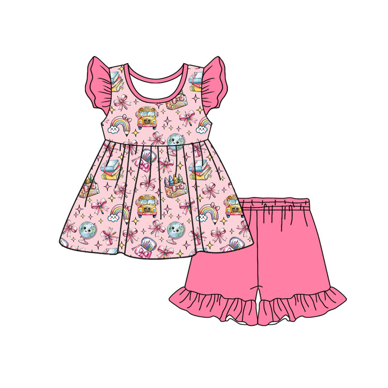 Preorder moq 5 Baby Girls Rainbow Pencils Tunic Ruffle Short Back to School Clothes Sets