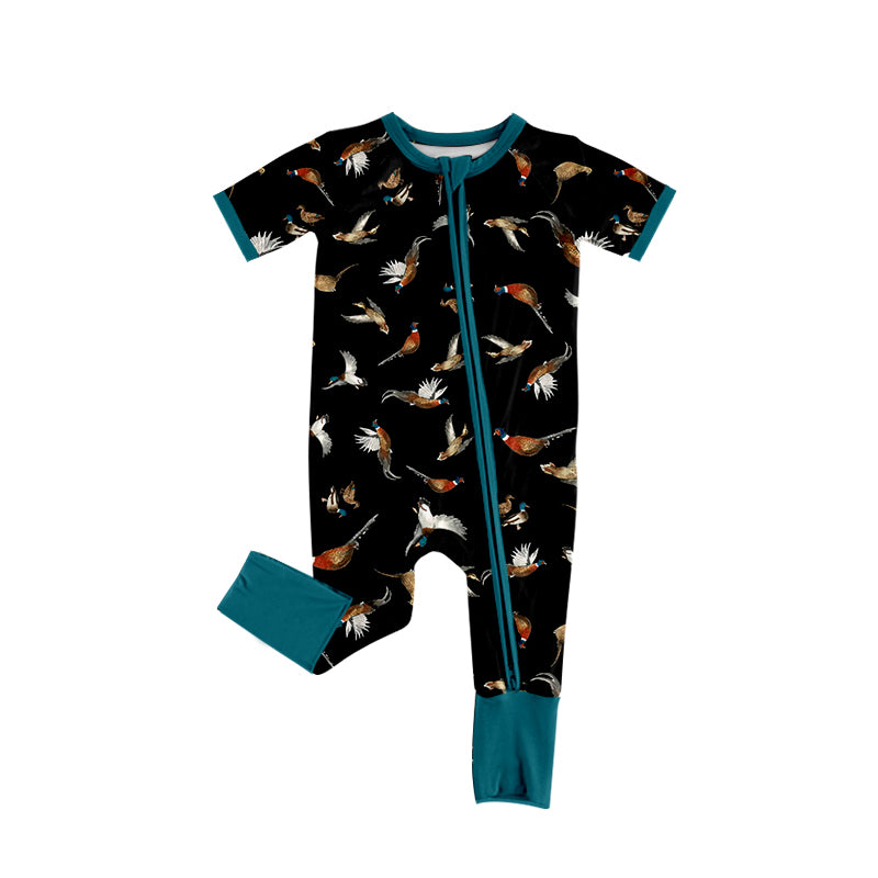 Preorder (moq 5)Baby Boys Short Sleeve Colorful Birds Western Two Way Zip Convertible Rompers
