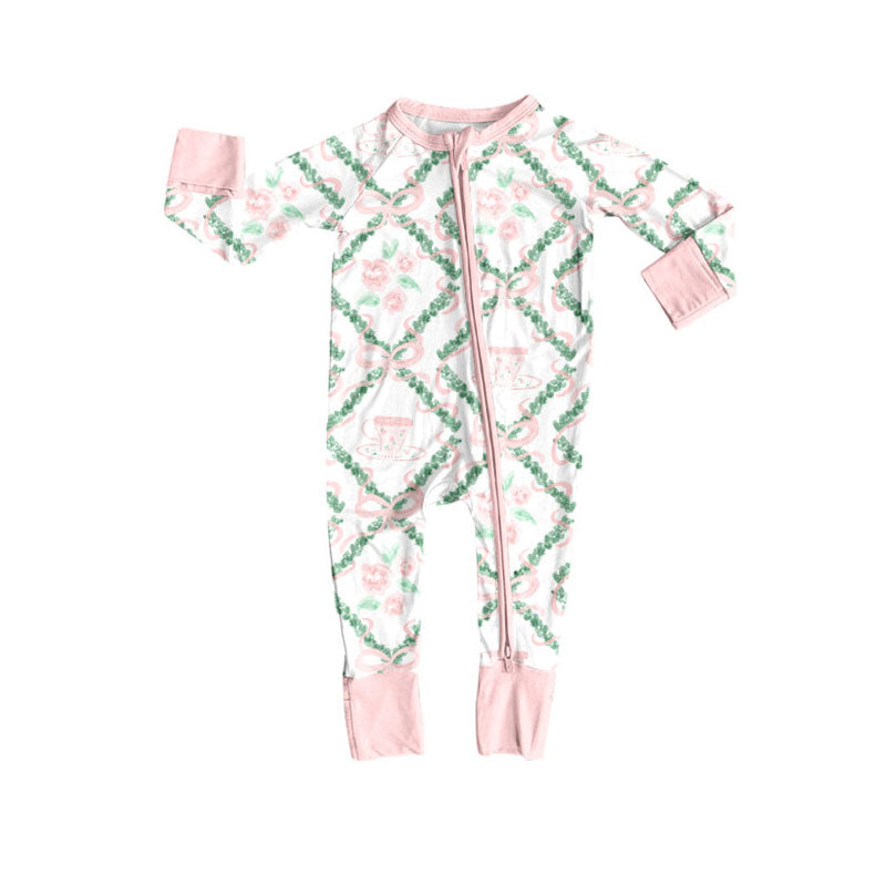 Preorder (moq 5)Baby Girls Pink Bows Flowers Zipper Footie Rompers