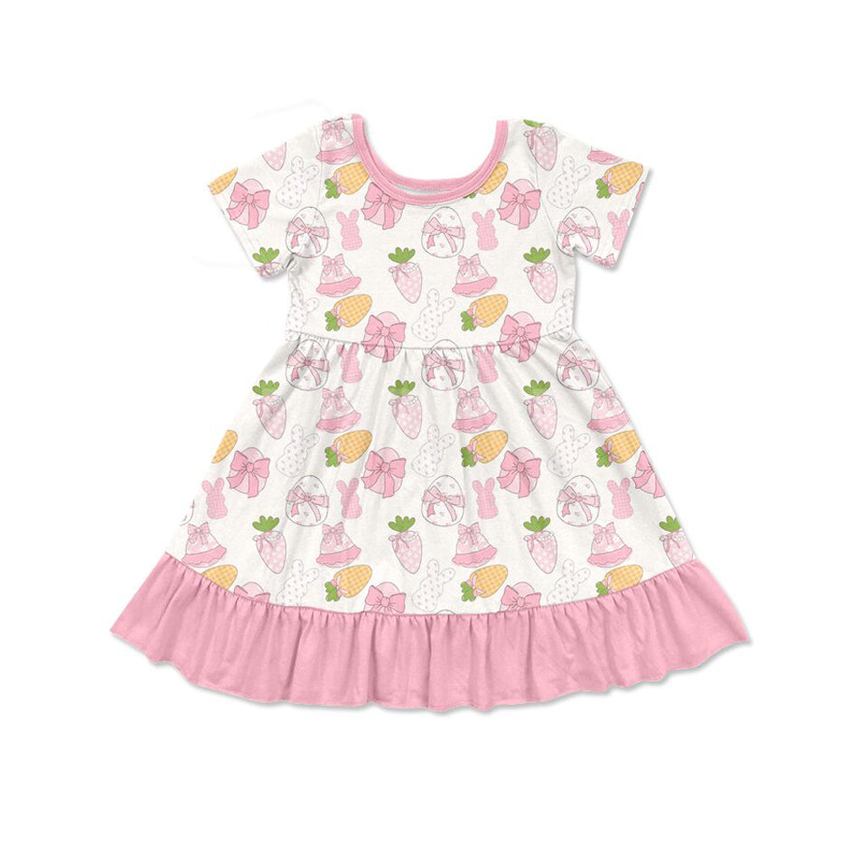 Preorder(moq 8)Baby Girls Pink Rabbits Bows Eggs Easter Ruffle Knee Length Dresses