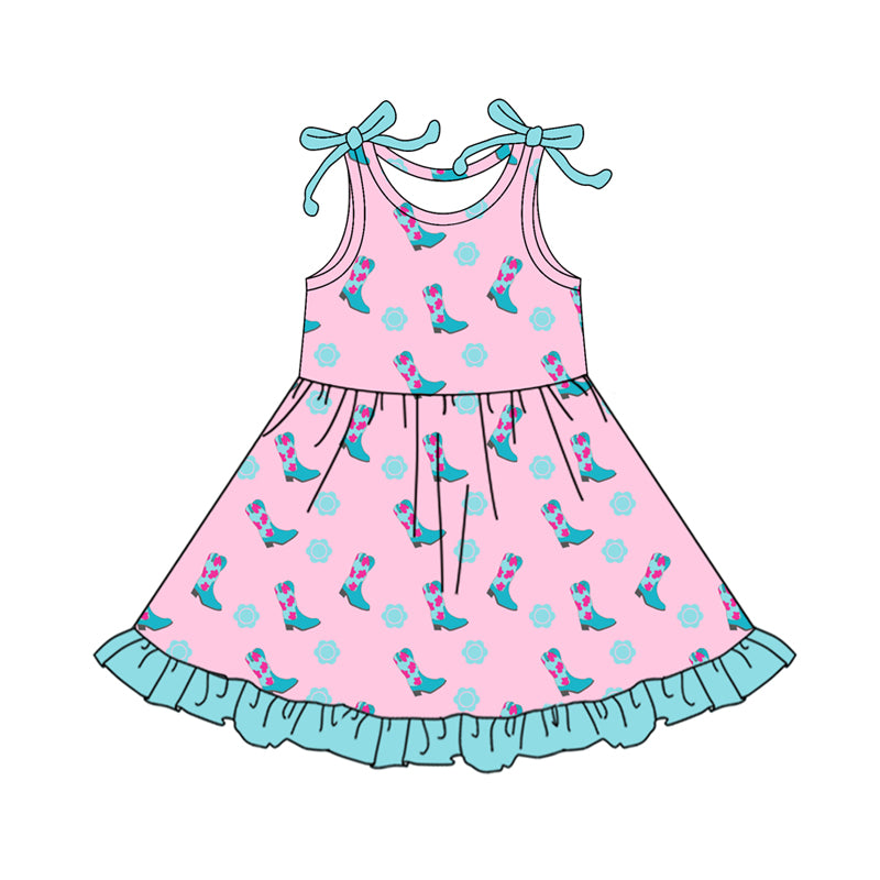 Preorder (moq 5)Baby Girls Blue Flowers Boots Western Ruffle Knee Length Dresses