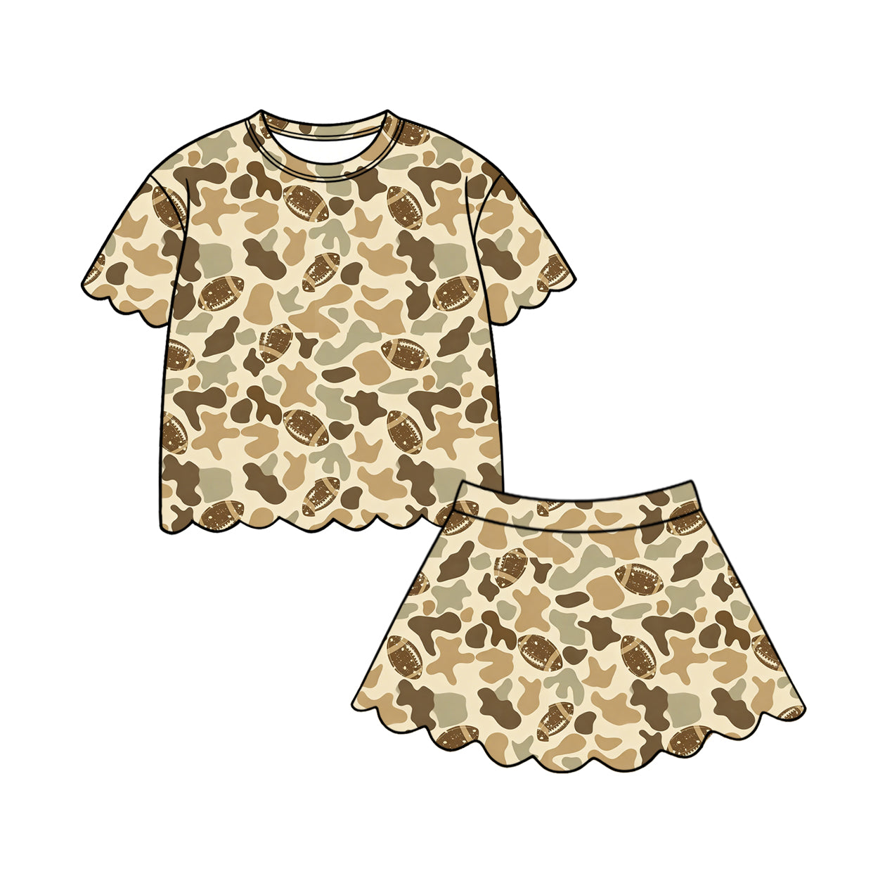 Preorder (moq 5)Baby Girls Southern Camo Footballs Top Scallop Shorts Team Clothes Sets