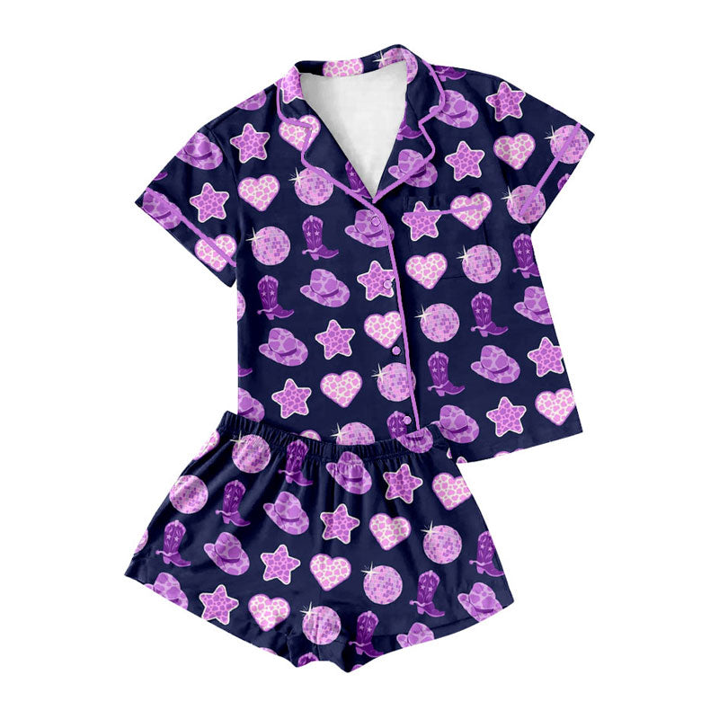 Preorder moq 5 Adult Women Purple Boots Hats Button Pockets Top Shorts Western Pajamas Sets