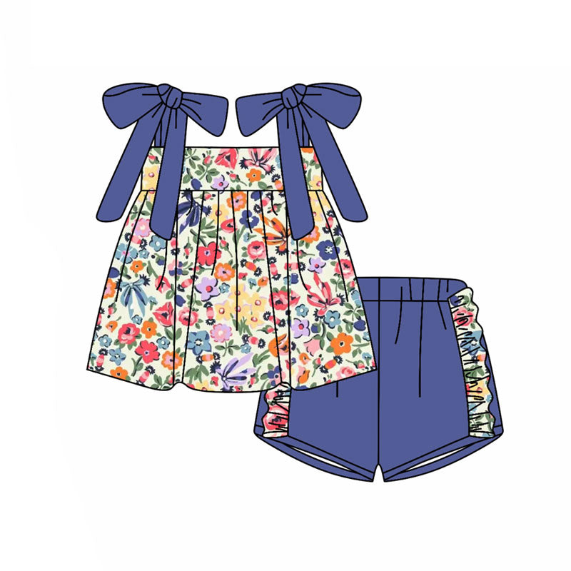 Preorder(moq 5) Baby Girls Strap Colorful Flowers Tunic Ruffle Shorts Clothes Sets