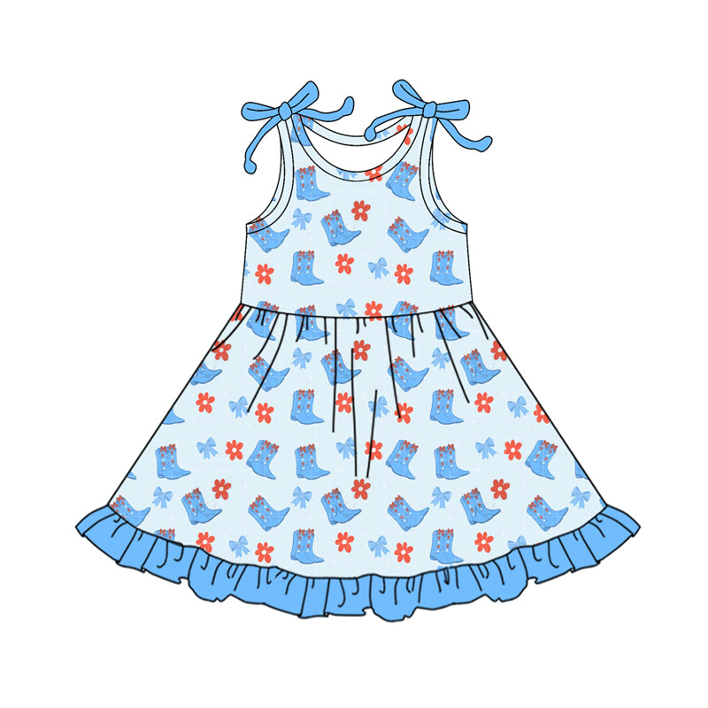 Preorder (moq 5)Baby Girls Bows Flowers Boots Western Ruffle Knee Length Dresses