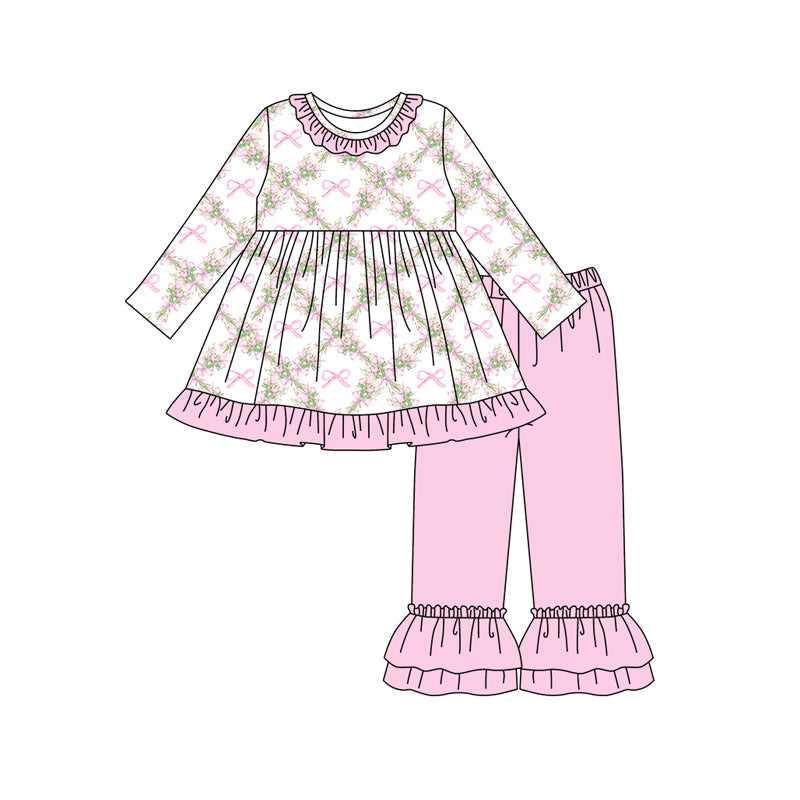 Preorder(moq 5) Baby Girls Long Sleeves Pink Bows Flowers Plaid Tunic Ruffle Pants Set