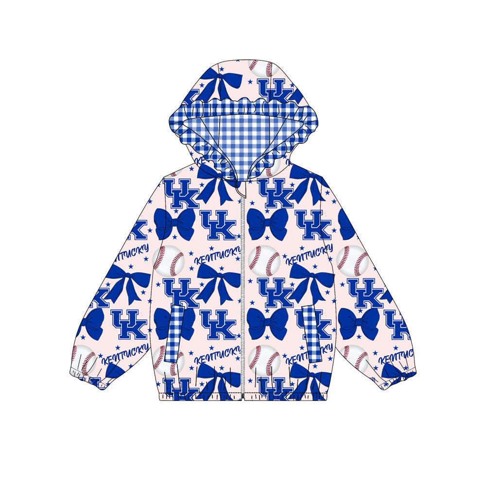 Preorder(moq 8)Baby Girls Hot Blue Bows UK Kentucky Pockets Zipper Team Ruffle Hoodies Jackets