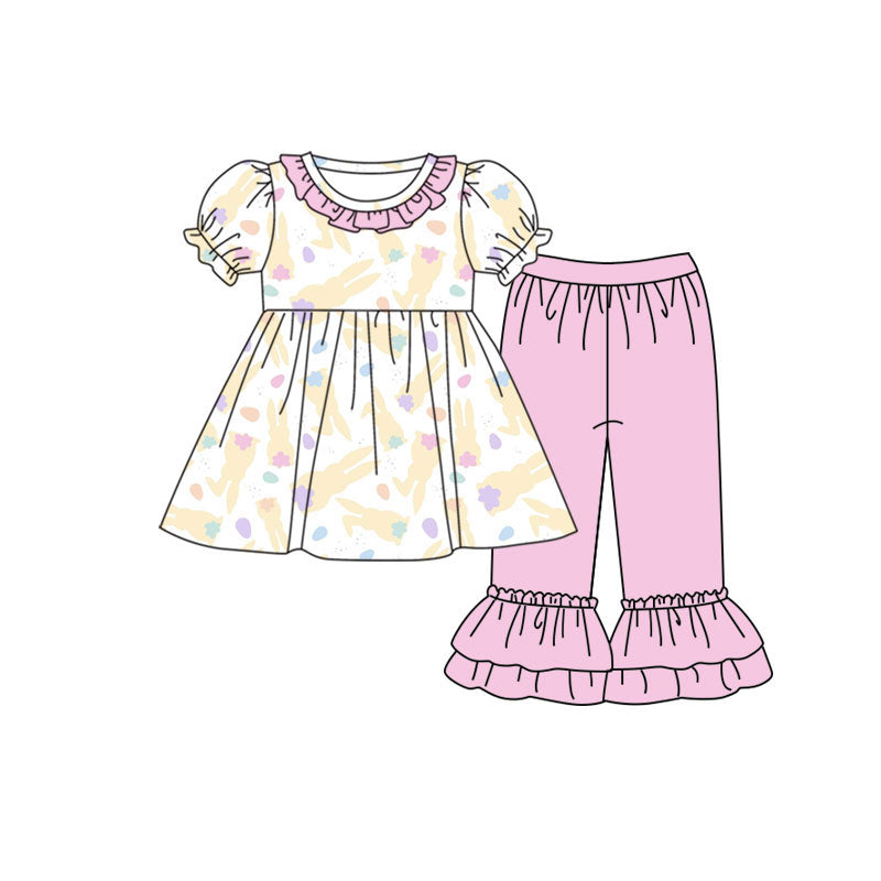 Preorder (moq 5)Baby Girls Yellow Rabbits Tunic Ruffle Pants Easter Clothes Set