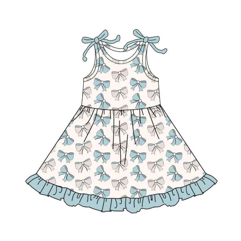 Preorder (moq 5)Baby Girls Blue Bows Plaid Ruffle Knee Length Dresses