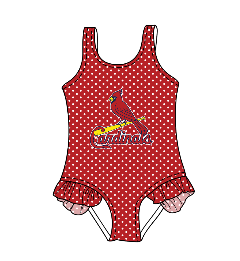 Preorder moq 5 Baby Girls Sleeveless Red Polka Dots Cardinals Team Swimsuits