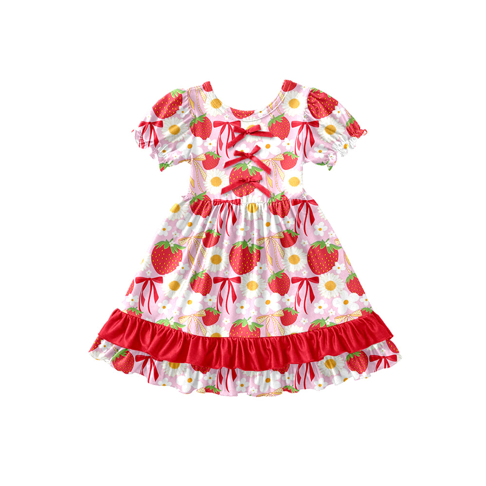 Preorder (moq 5)Baby Girls Daisy Flowers Strawberry Ruffle Knee Length Dresses