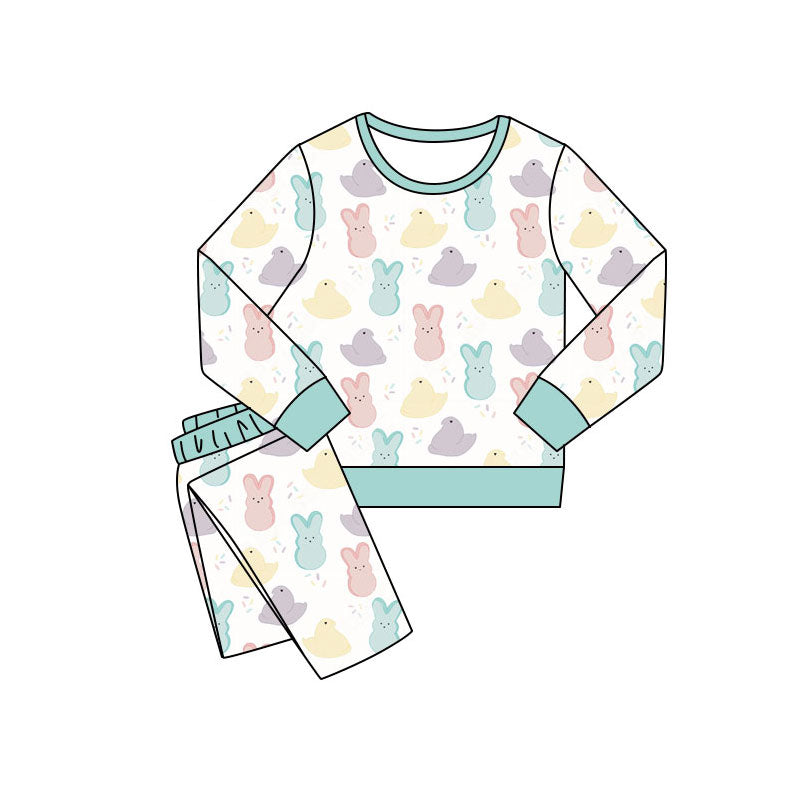 Preorder(moq 5) Baby Girls Colorful Chicks Rabbits Pants Easter Pajamas Sets