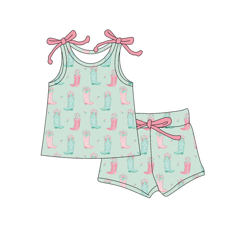 Preorder (moq 5)Baby Girls Colorful Boots Flowers Top Shorts Western Clothes Sets
