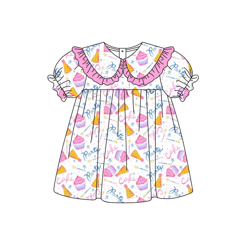 Preorder moq 5 Baby Girls Short Ruffle Sleeve Happy Birthday Collar Knee Length Dresses
