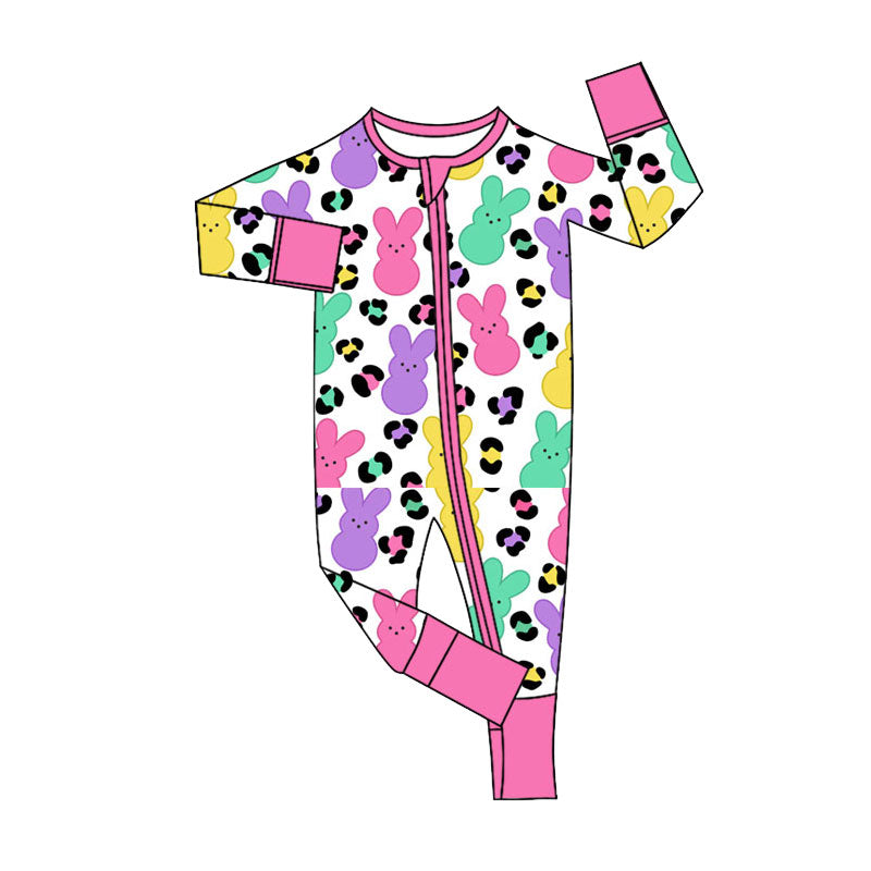 Preorder (moq 20)Baby Girls Bamboo Colorful Rabbits Leopard Easter Two Way Zip Convertible Rompers