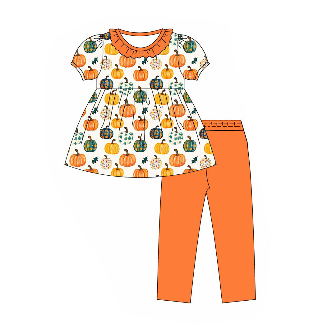 Preorder (moq 5)Baby Girls Short Sleeve Flowers Pumpkins Tunic Legging Fall Clothes Sets