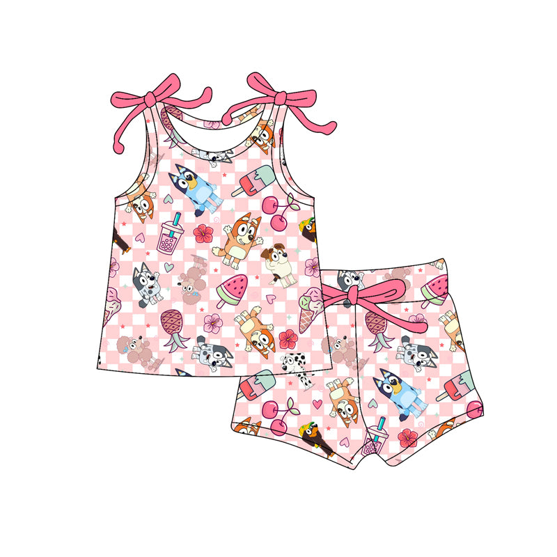 Preorder moq 5 Baby Girls Bows Sleeveless Cartoon Dogs Popsicle Top Short Set