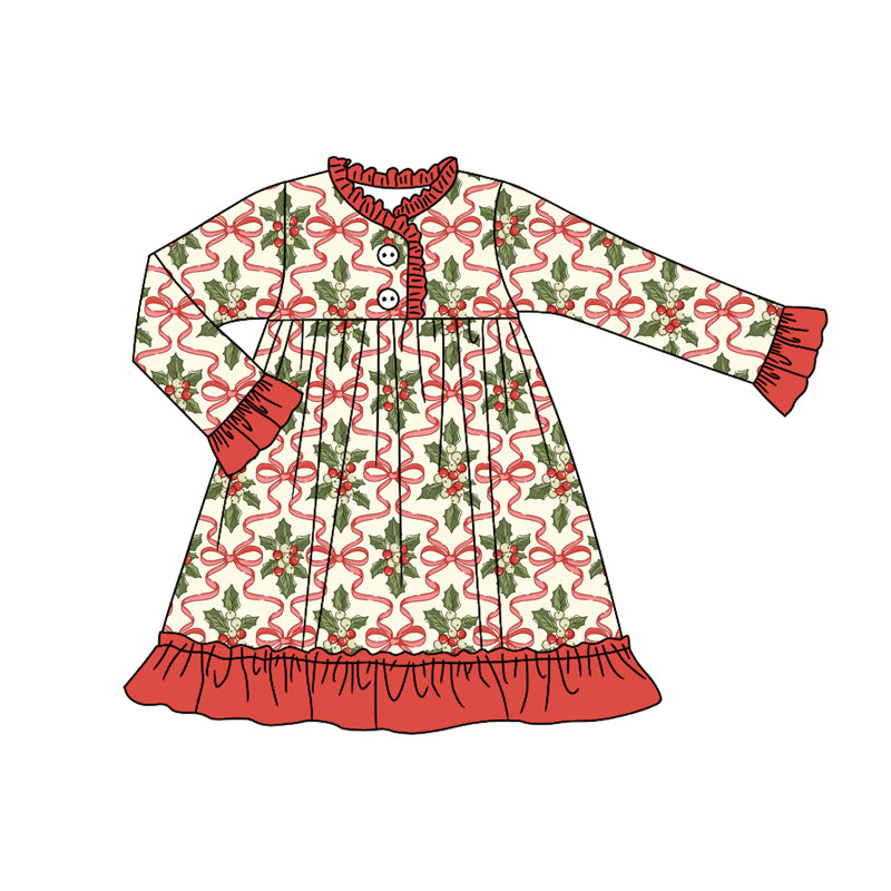 Preorder(moq 5) Baby Girls Long Ruffle Sleeves Red Bows Holly Plaid Button Knee Length Dresses