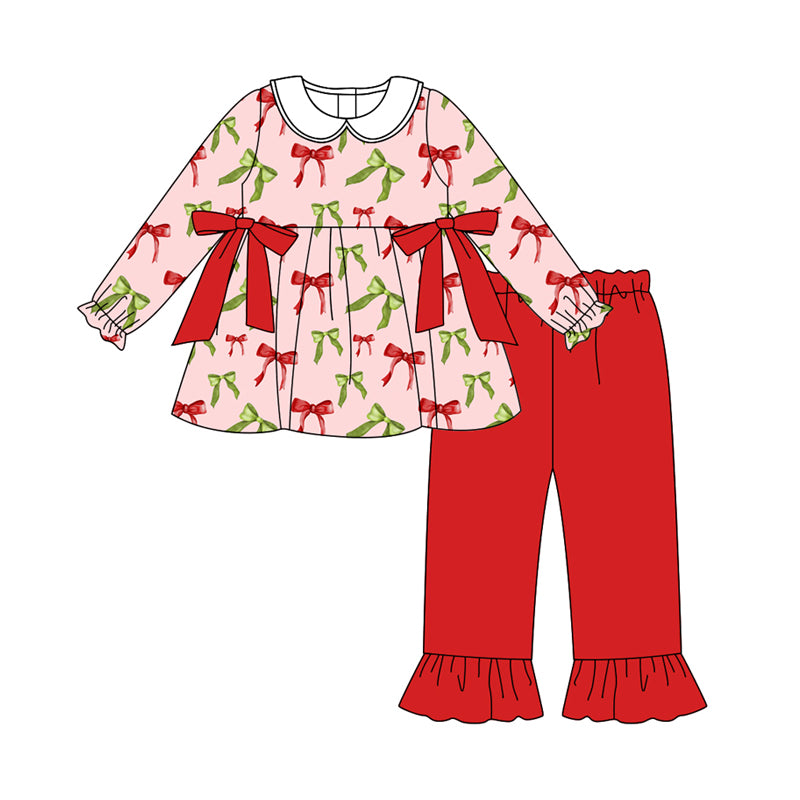 Preorder (moq 5)Baby Girls Long Sleeves Red Green Bows Plaid Tunic Ruffle Pants Set