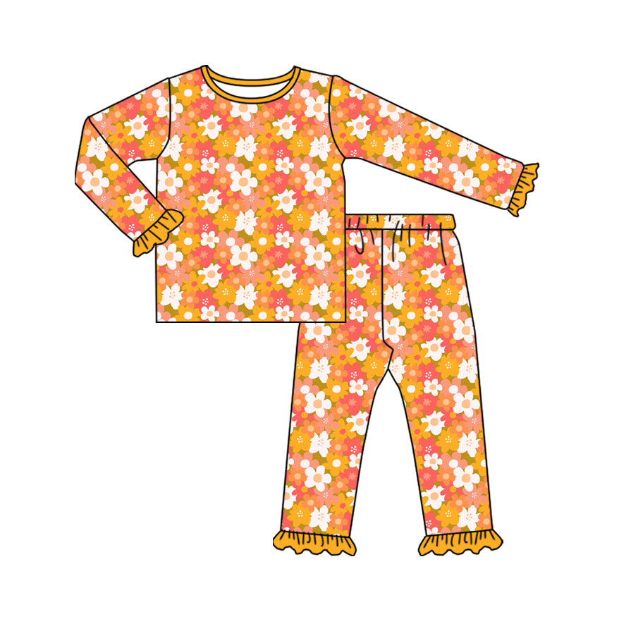 Preorder (moq 20)Baby Girls Bamboo Colorful Floral Ruffle Pants Pajamas Sets
