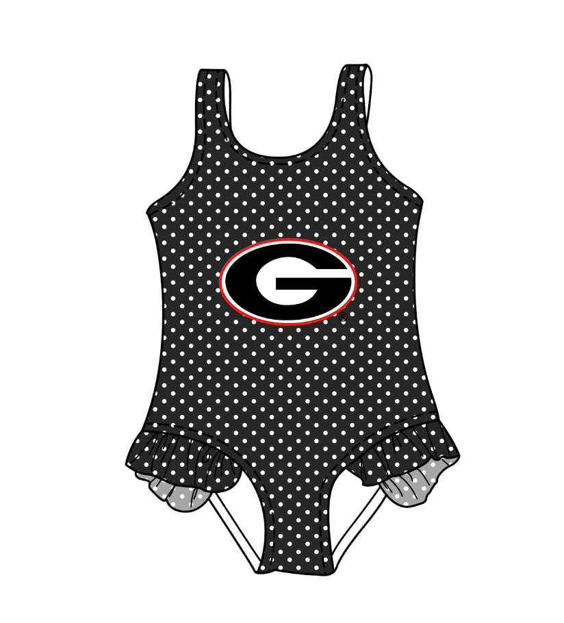 Preorder moq 5 Baby Girls Sleeveless Black Polka Dots G Team Swimsuits