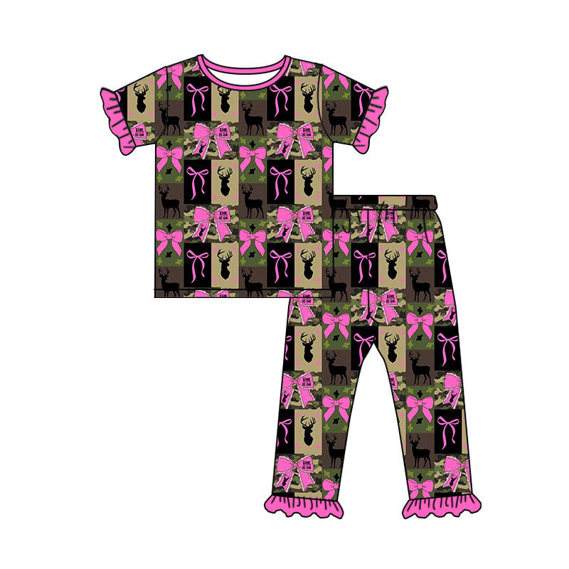 Preorder (moq 5)Baby Girls Camo Deer Checked Bows Top Ruffle Pants Hunting Pajamas Sets
