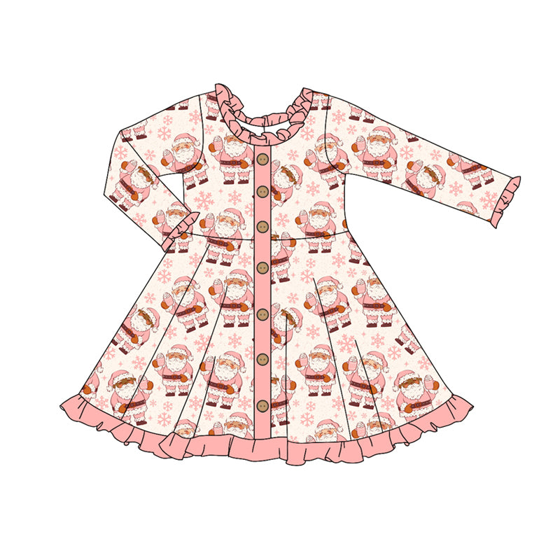 Preorder (moq 5)Baby Girls Peach Long Sleeves Santa Snowflake Button Ruffle Knee Length Dresses