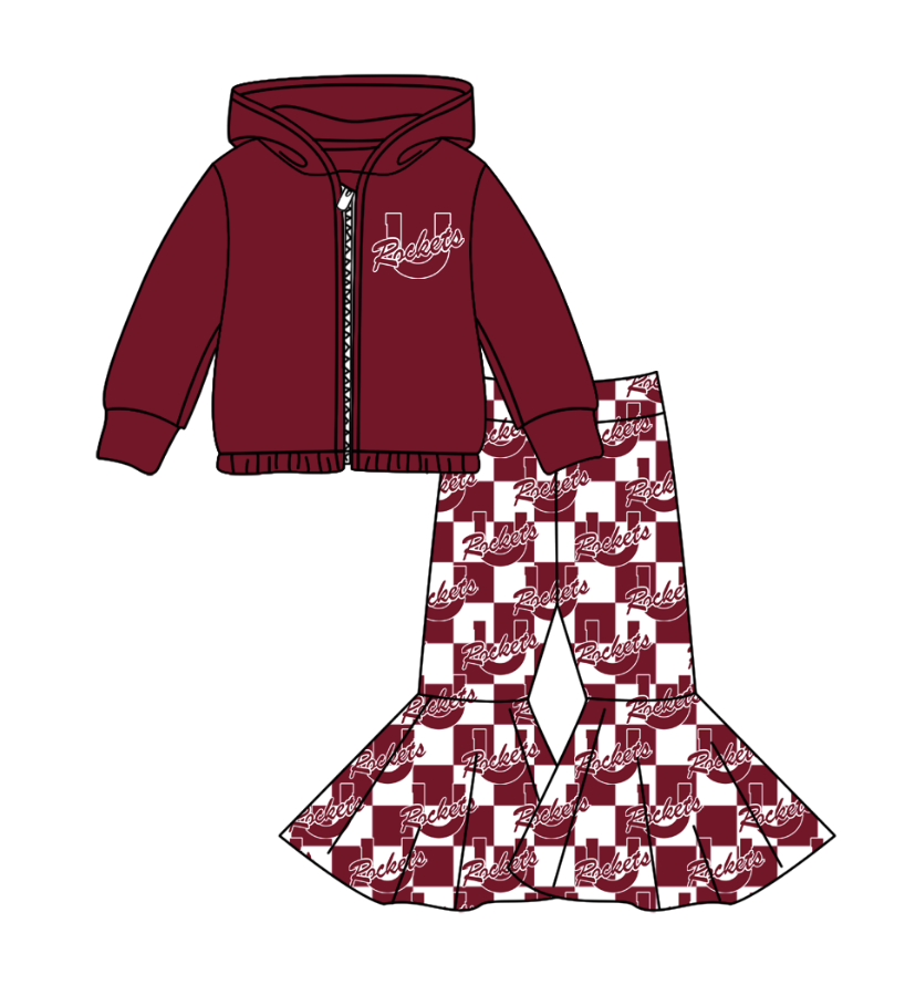 Preorder(moq 5) Baby Girls Red U Rockets Zipper Hoodie Jacket Bell Bottom Pants Team Clothes Sets
