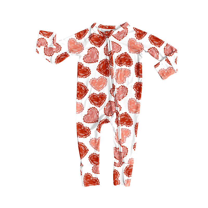 Preorder (moq 8)Baby Girls Pink Hearts Plaid Valentine Zipper Footie Rompers