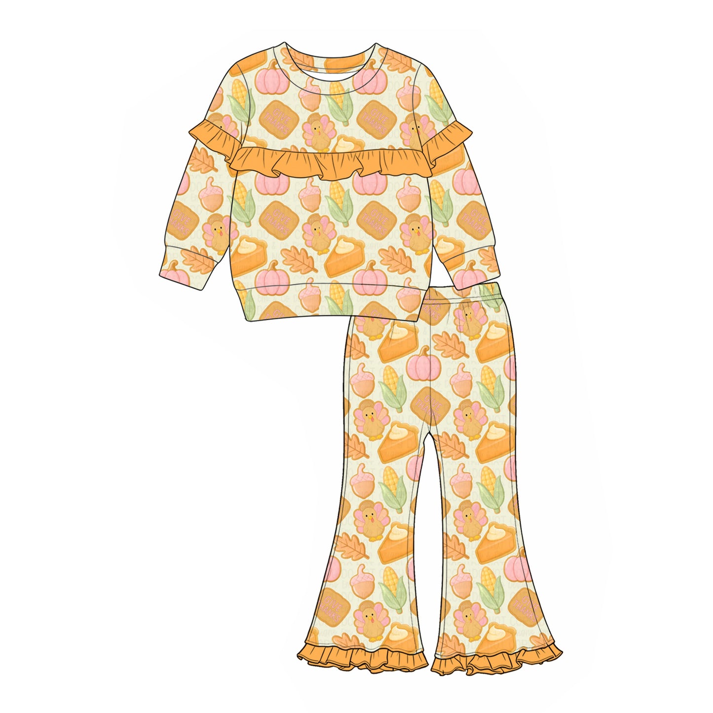 Preorder (moq 5)Baby Girls Turkey Pumpkins Top Flare Pant Thanksgiving Clothes Set