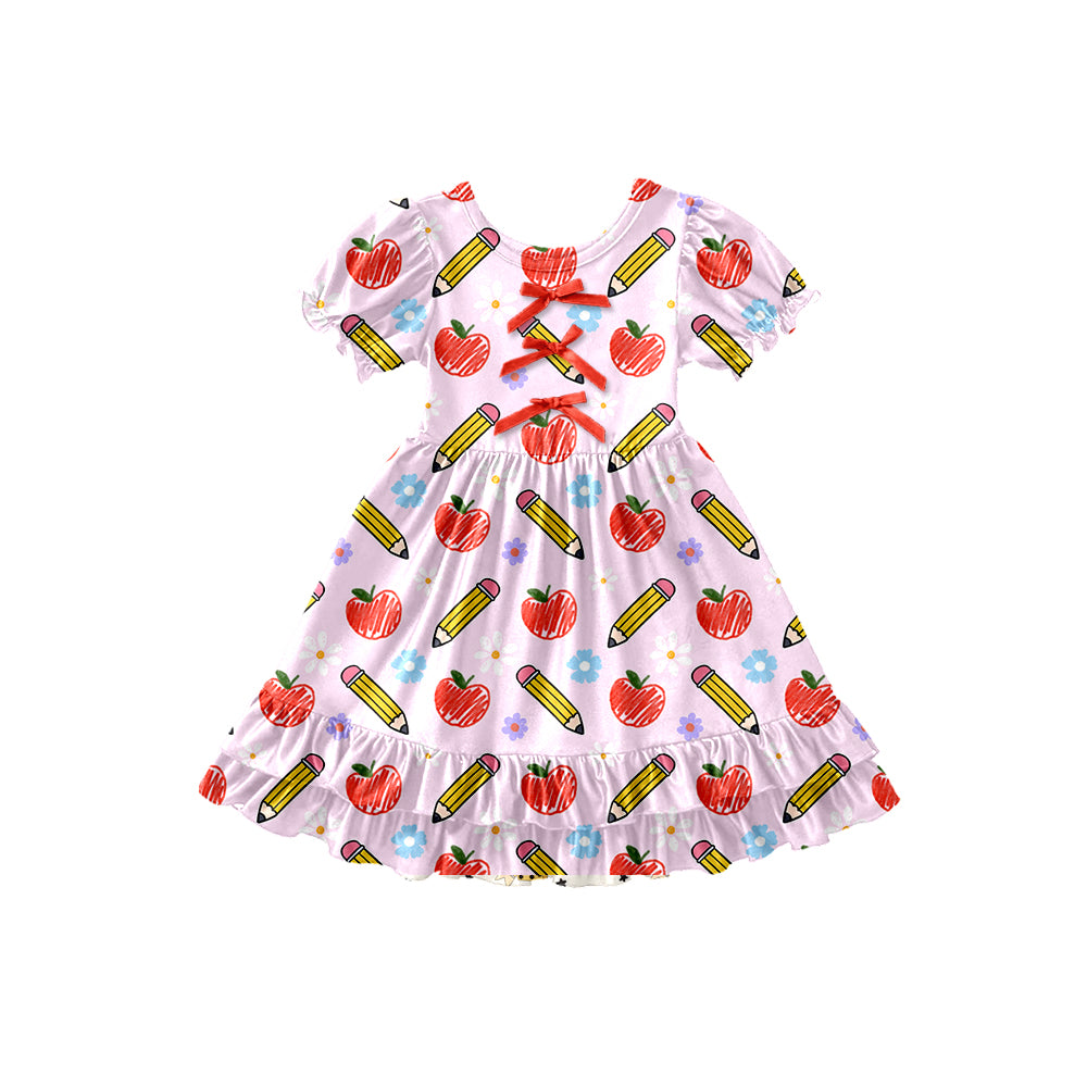 Preorder (moq 5)Baby Girls Apple Pencil Bows Back to School Ruffle Knee Length Dresses