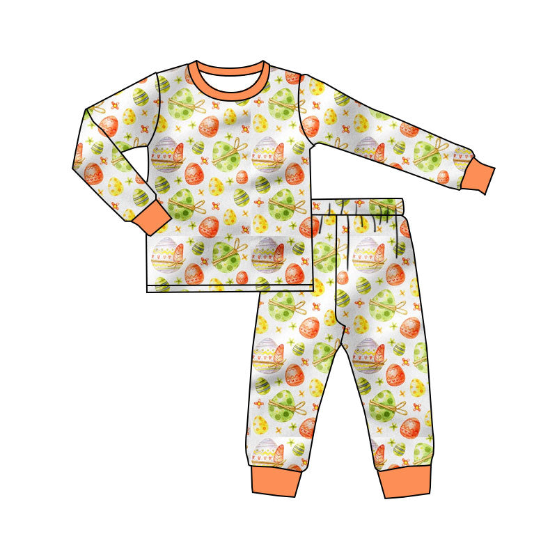 Preorder (moq 20)Baby Girls Bamboo Colorful Eggs Easter Pants Pajamas Sets