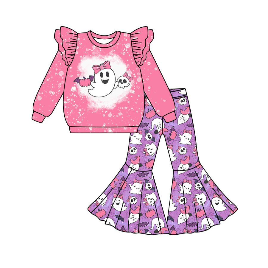 Preorder (moq 5)Baby Girls Hot Pink Long Sleeves Bow Ghosts Top Purple Bell Bottom Pant Set