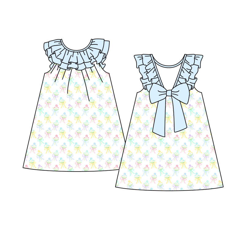 Preorder (moq 5)Baby Girls Blue Sleeveless Colorful Floral Backless Bow Knee Length Dress