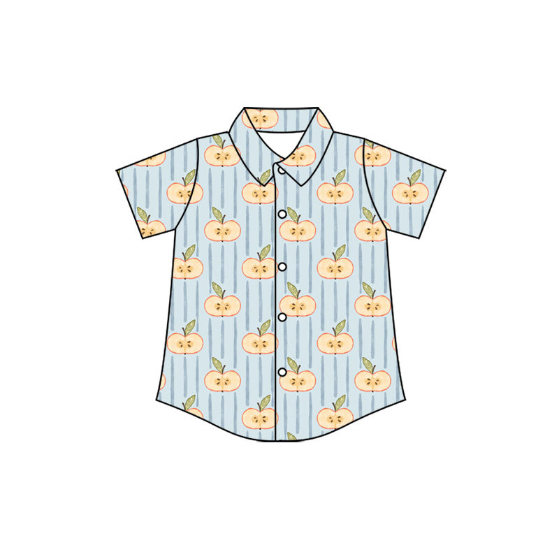 Preorder (moq 5)Baby Boys Short Sleeve Blue Stripe Apples Back to School Button Shirts Top