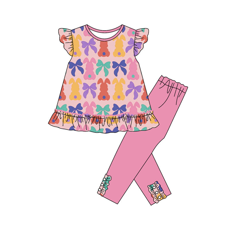Preorder (moq 5)Baby Girls Colorful Bows Rabbits Tunic Leggings Easter Clothes Sets