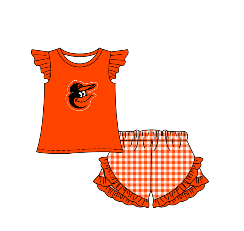 Preorder (moq 5)Baby Girls Baltimore Orioles Shirt Top Checked Ruffle Short Team Clothes Set