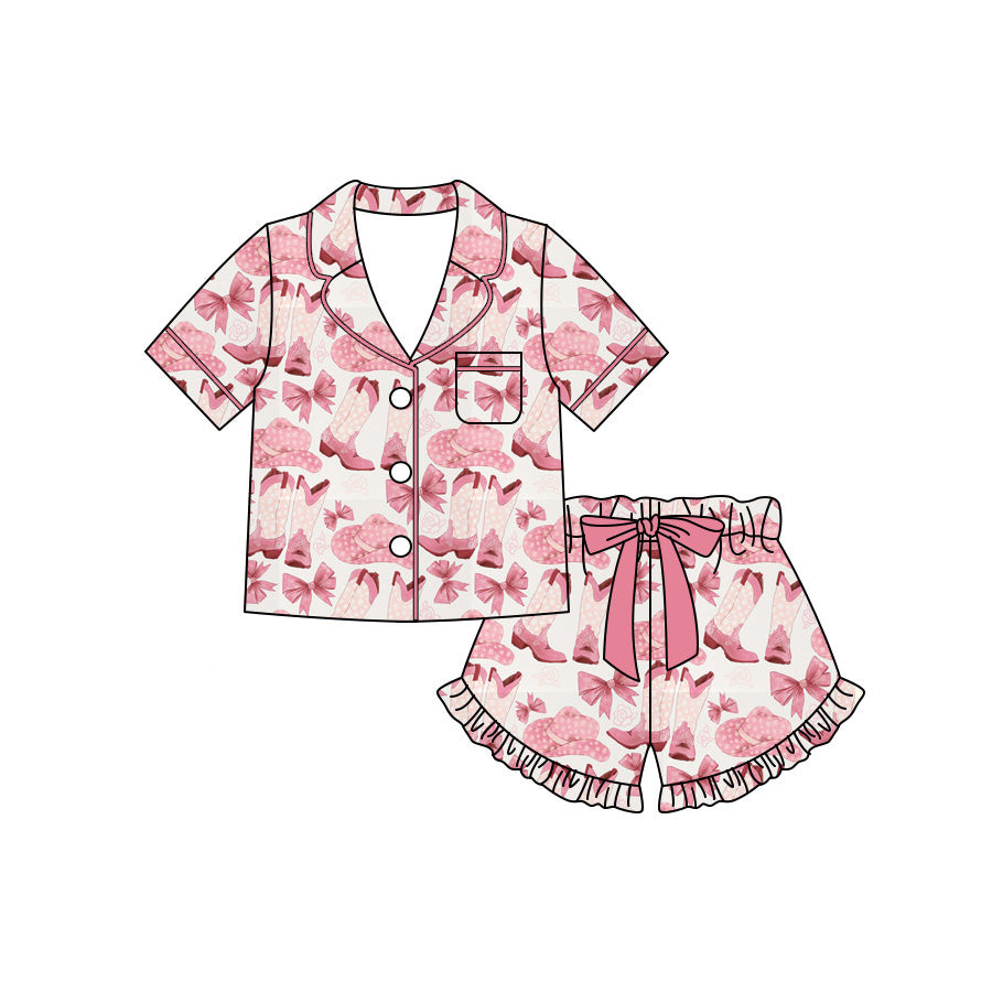 Preorder (moq 5)Baby Girls Bow Boots Button Pocket Top Ruffle Short Western Pajamas Sets