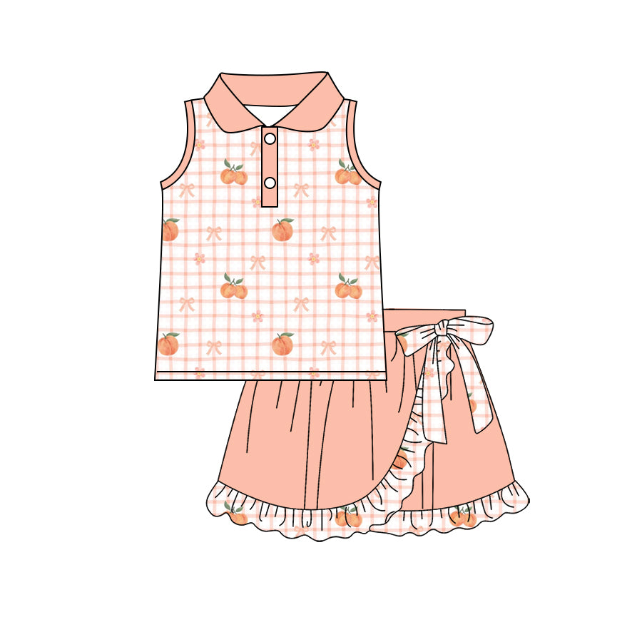 Preorder (moq 5)Baby Girls Pink Checked Bows Peaches Button Top Ruffle Skirt Shorts Clothes Set