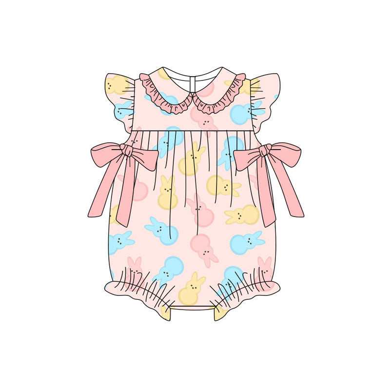 Preorder (moq 5)Baby Girls Flutter Sleeve Colorful Rabbits Bows Easter Ruffle Rompers