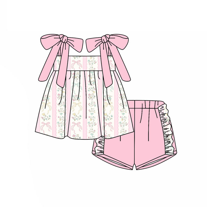 Preorder(moq 5) Baby Girls Pink Strap Bows Flowers Stripe Tunic Ruffle Shorts Clothes Sets